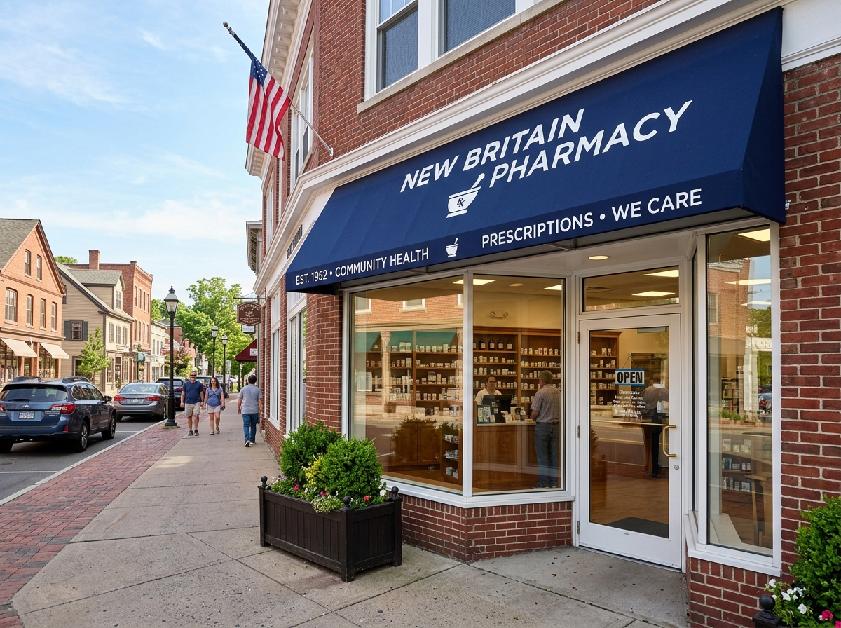 New Britain Pharmacy Storefront Exterior at 46 Broad St, New Britain CT